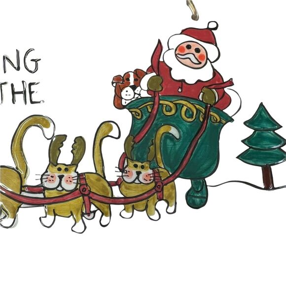 Christmas Ceramic Wall Plaque Santa Dashing Through The Snow With Cat-Reindeers - Picture 6 of 6